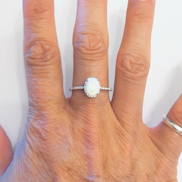 💕TOP SELLER💕 Silver White Lab Opal Ring with CZ, Silver Rings, Engagement Ring - Picture 2 of 11